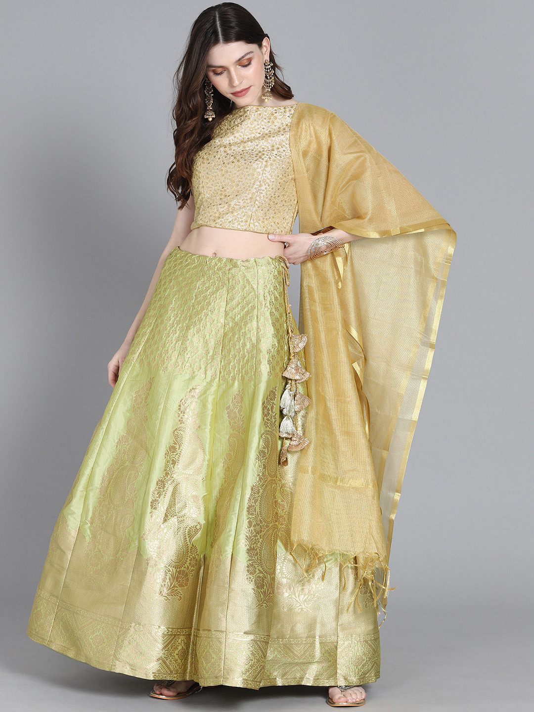 Ethnovog Sea Green  Gold-Toned Embroidered Made to Measure Lehenga  Blouse with Dupatta