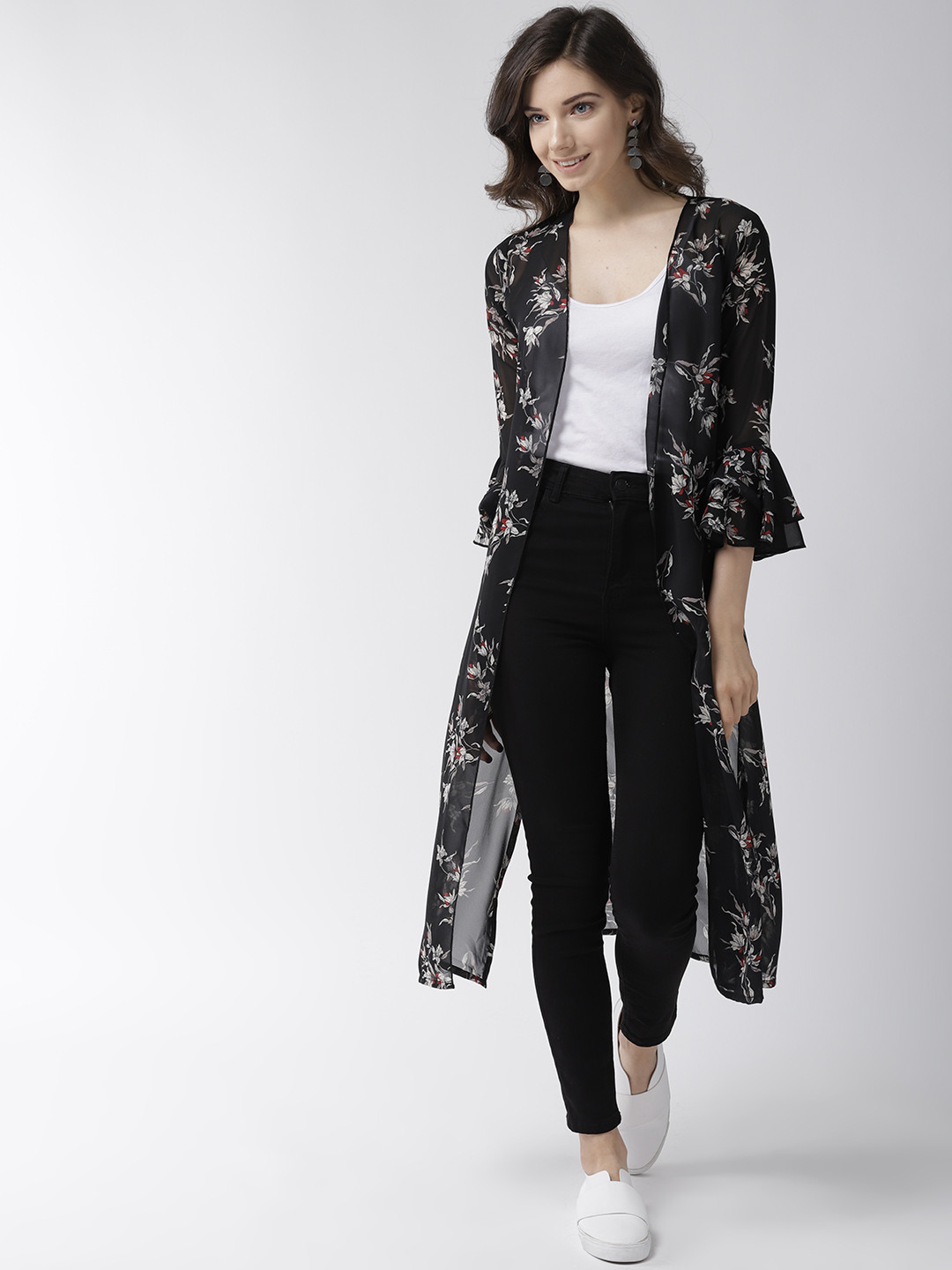 WISSTLER Women Black & Off-White Printed Longline Shrug