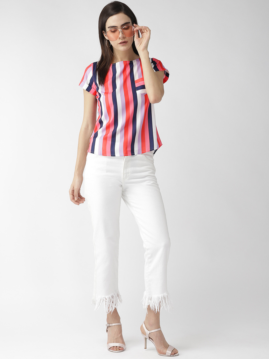 MISH Women Pink & Navy Blue Candy Stripe Top