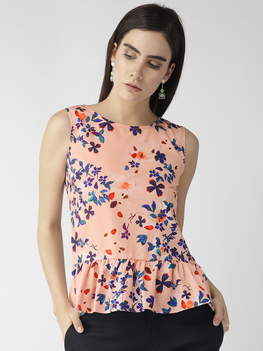 MISH Women Peach-Coloured & Blue Floral Printed A-Line Top