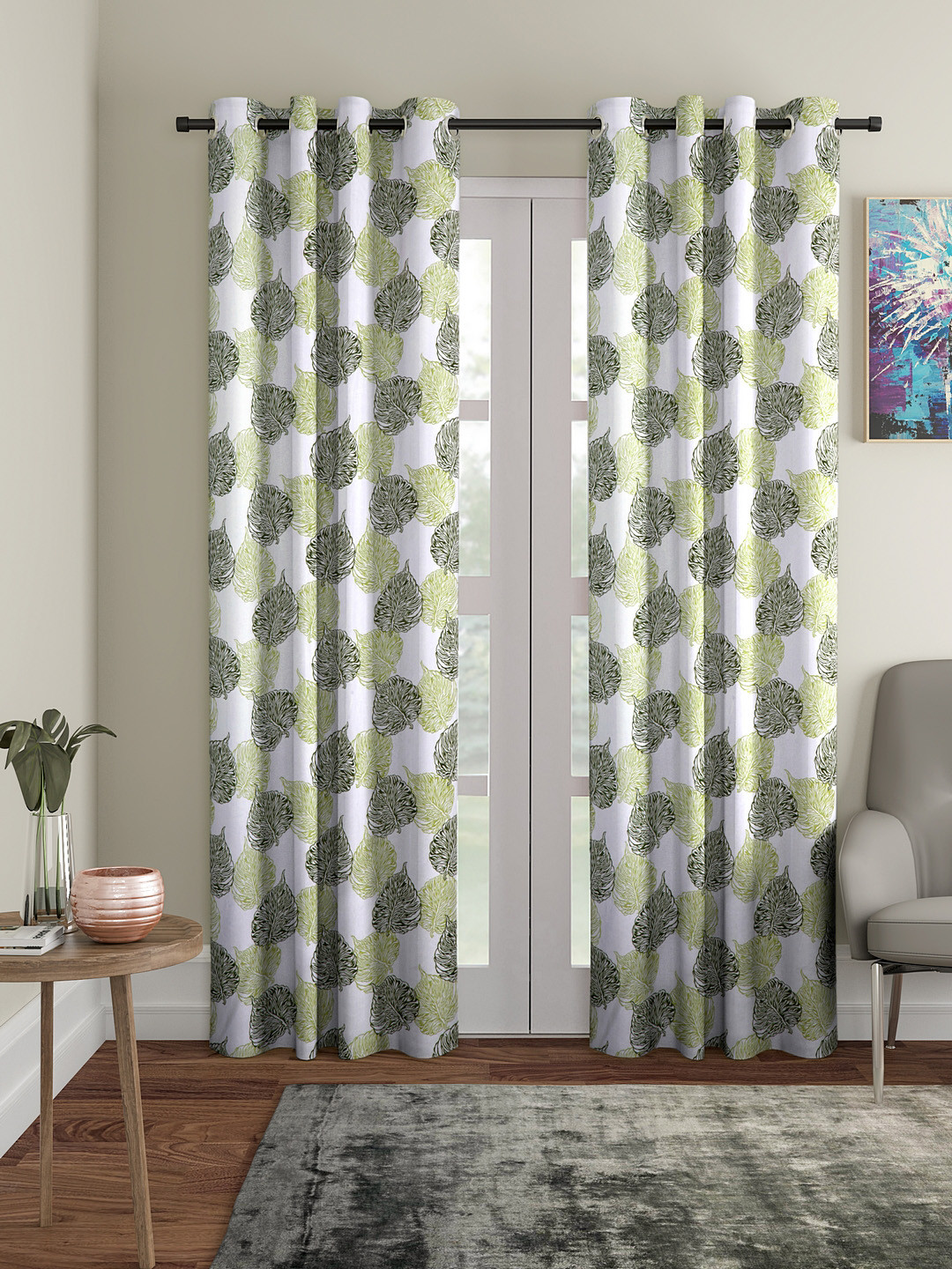 Cortina Green & White Set of 2 Leaf Printed Long Door Curtains