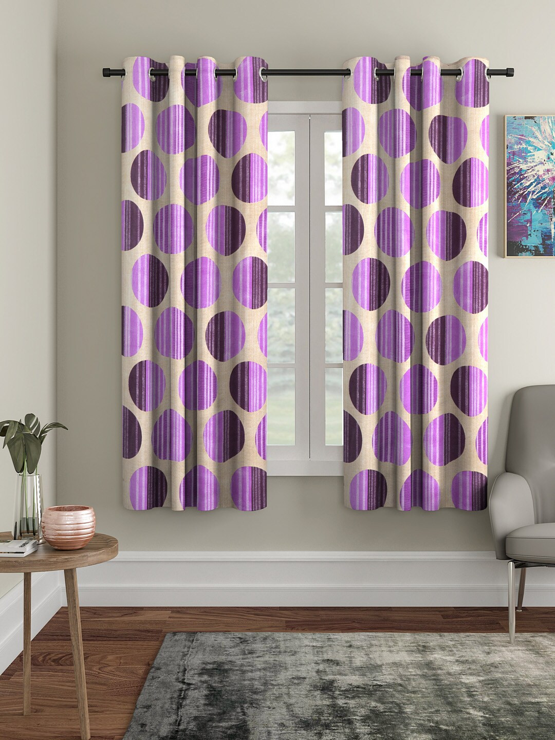 Cortina Purple Set of 2 Polka Printed Window Curtains