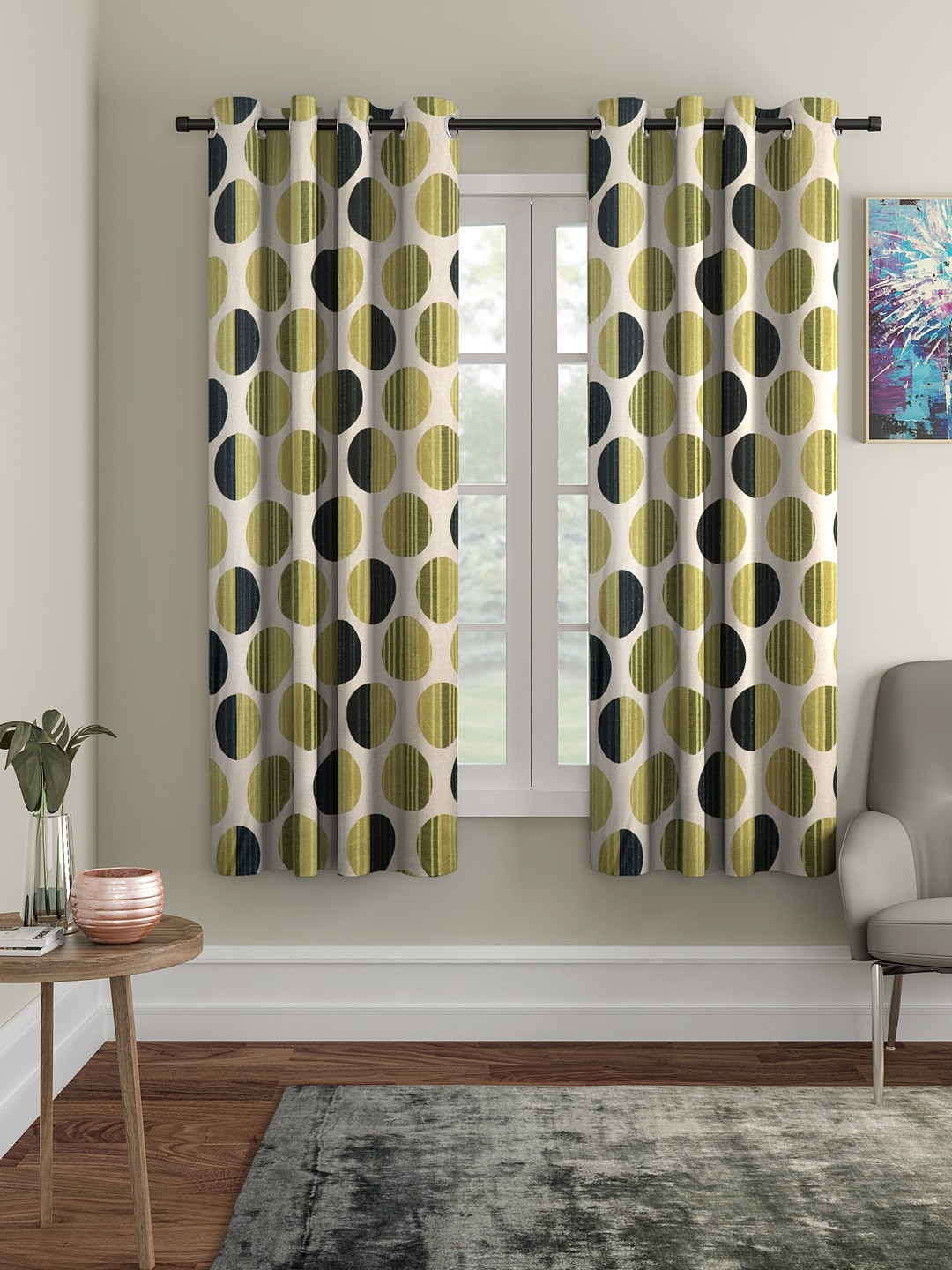 Cortina Olive Green & Off-White Set of 2 Polka Printed Window Curtains