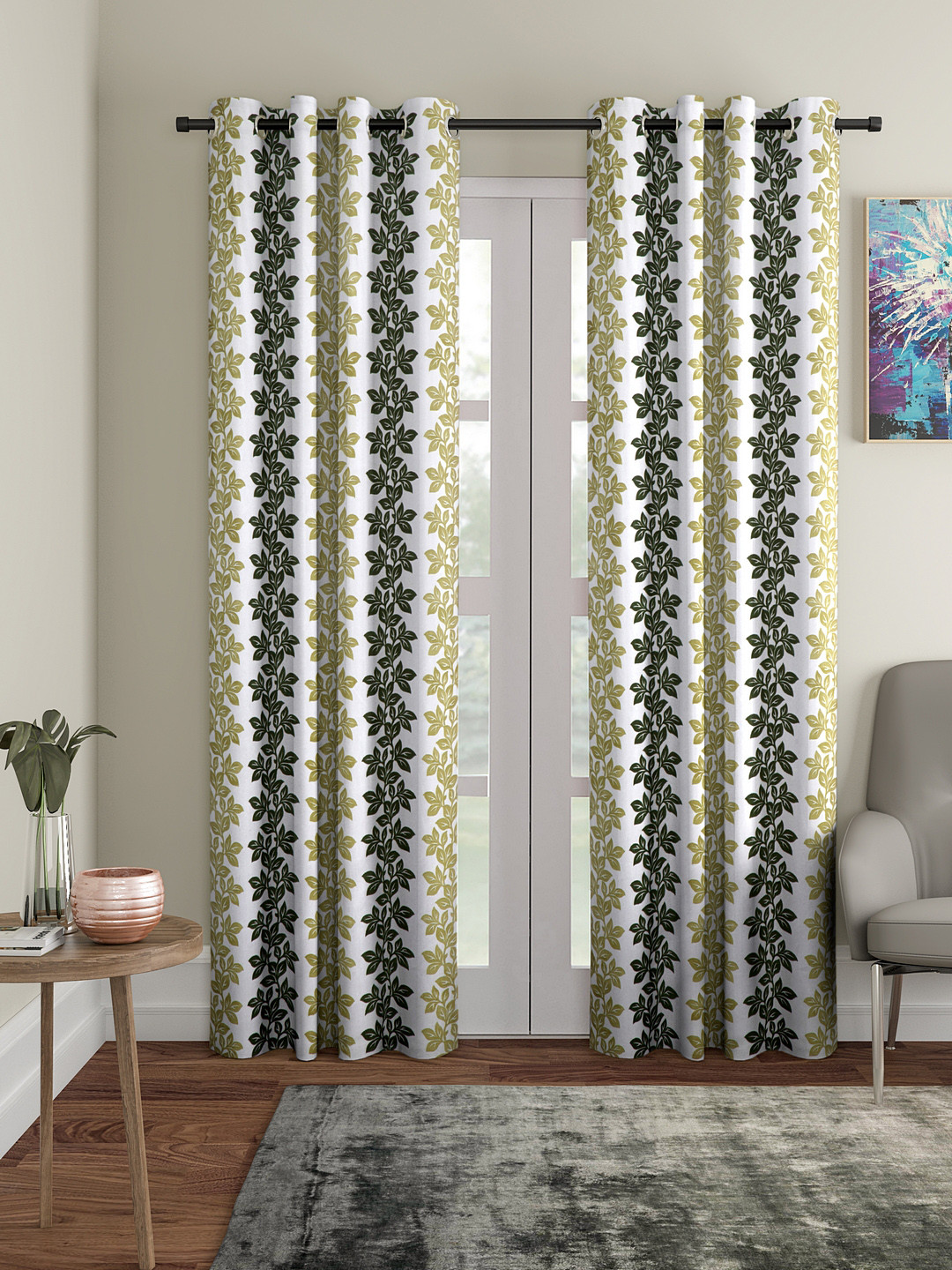 Cortina Olive Green & White Set of 2 Floral Printed Polyester Door Curtains