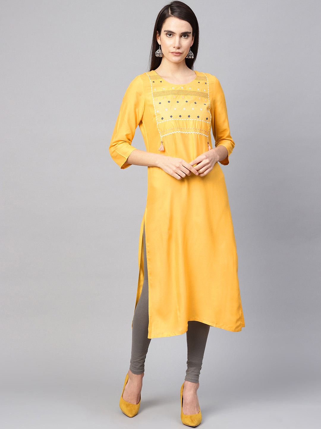 W Women Yellow Yoke Design Straight Kurta