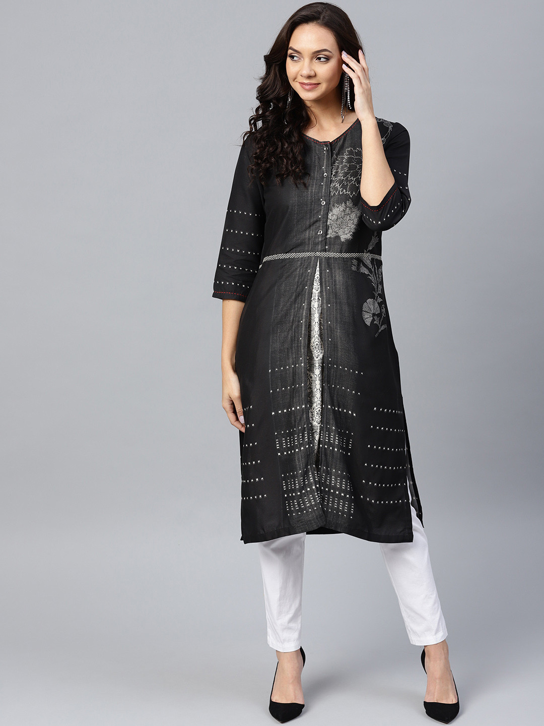 W Women Black & White Printed Straight Kurta