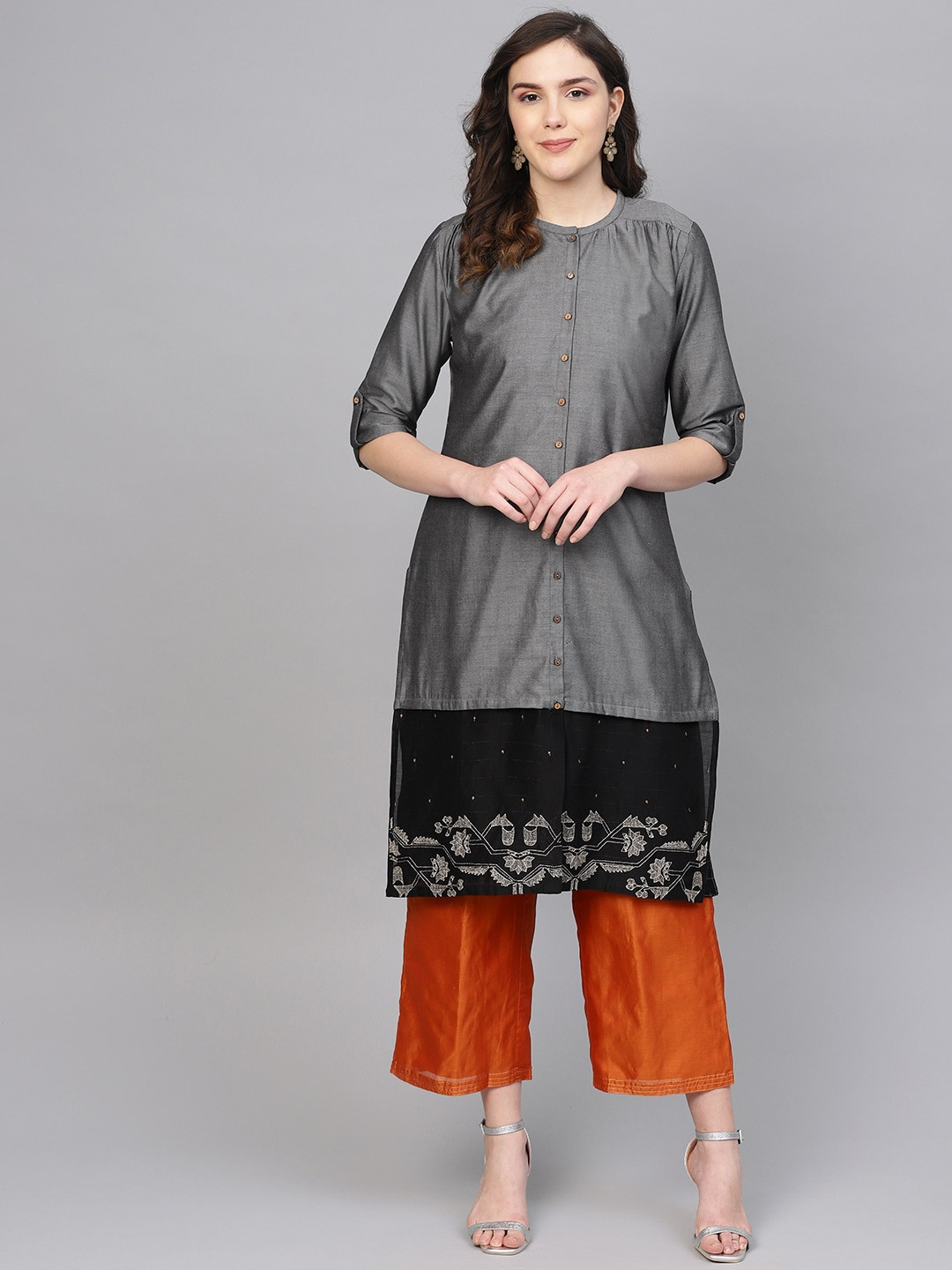 W Women Charcoal Grey & Black Solid Layered Straight  Kurta