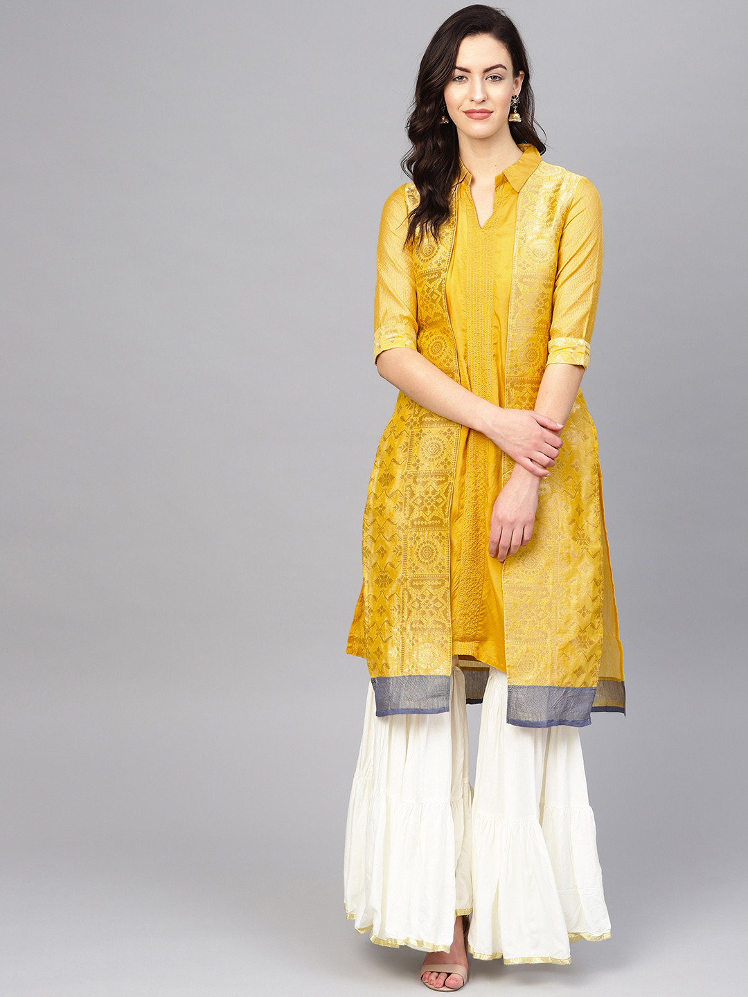 W Women Mustard Yellow & Golden Zari Work Layered Straight Kurta