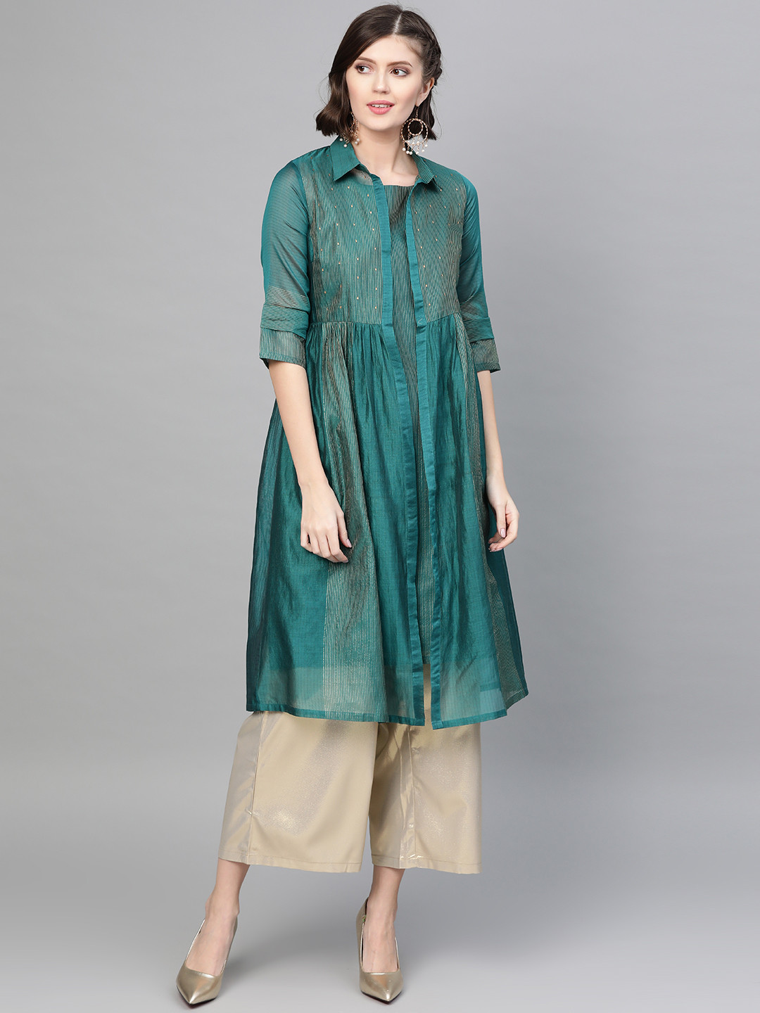 W Women Teal Green & Golden Striped A-Line Layered Kurta