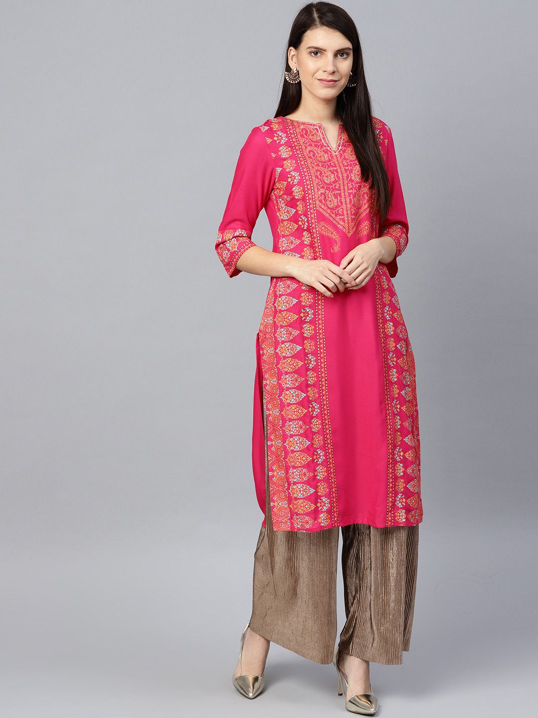 W Women Fuchsia & Peach-Coloured Printed Straight Kurta