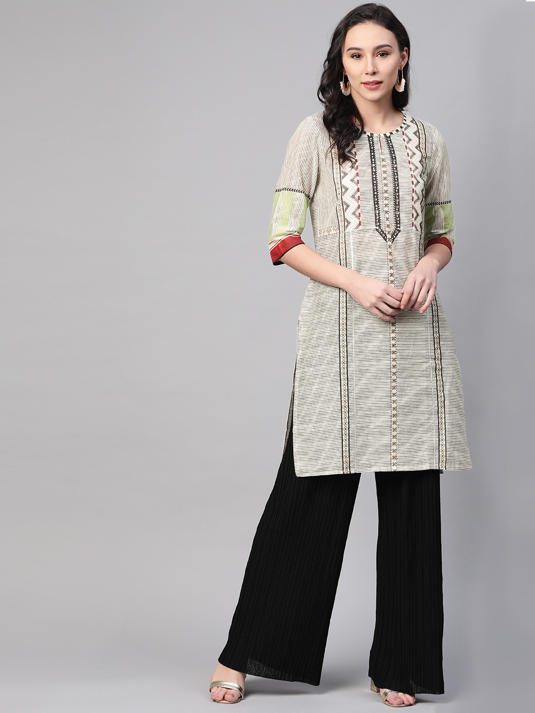 W Women Off-White & Black Striped Straight Kurta