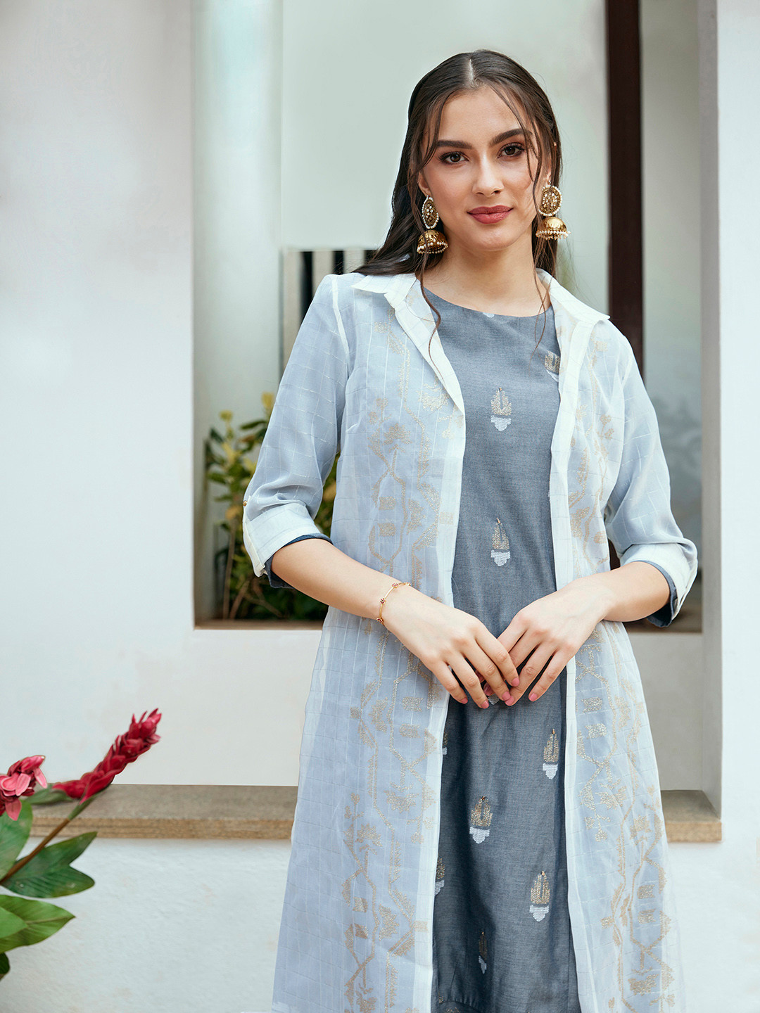 W Women Off-White & Charcoal Grey Self-Checked Layered A-Line Kurta