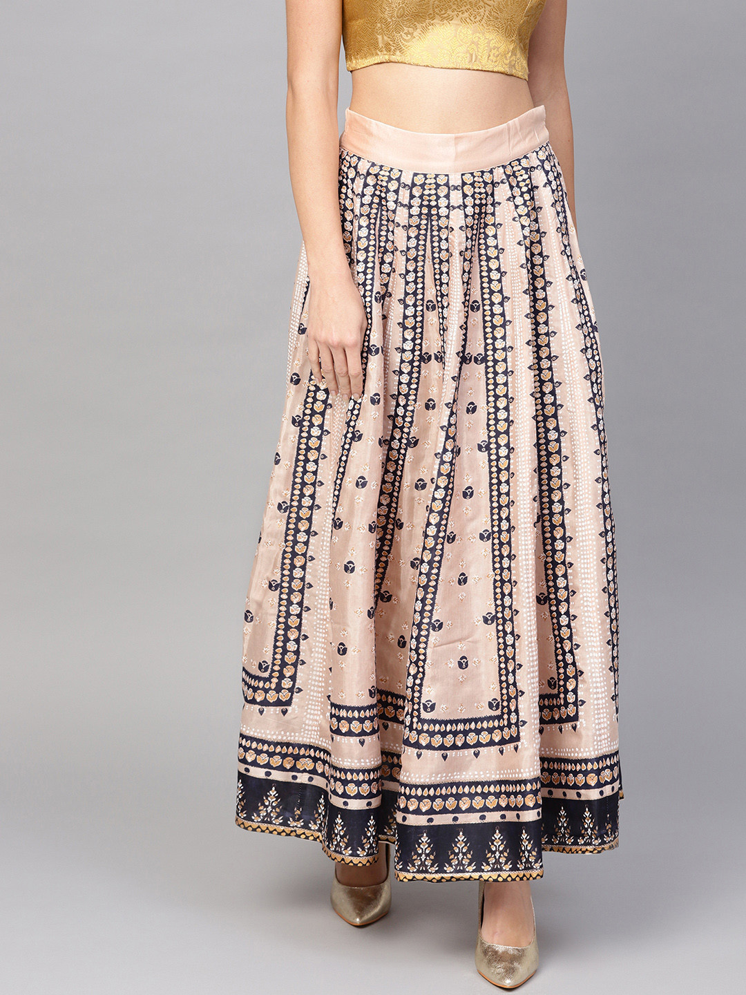 W Pink & Navy Blue Printed Maxi Flared Skirt