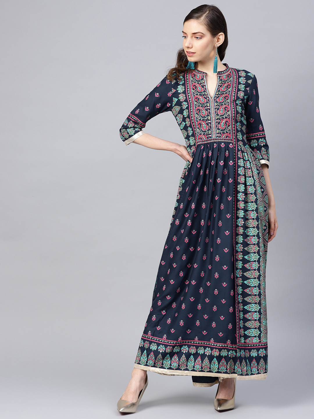 W Women Navy Blue and Sea Green Printed Layered Maxi Dress