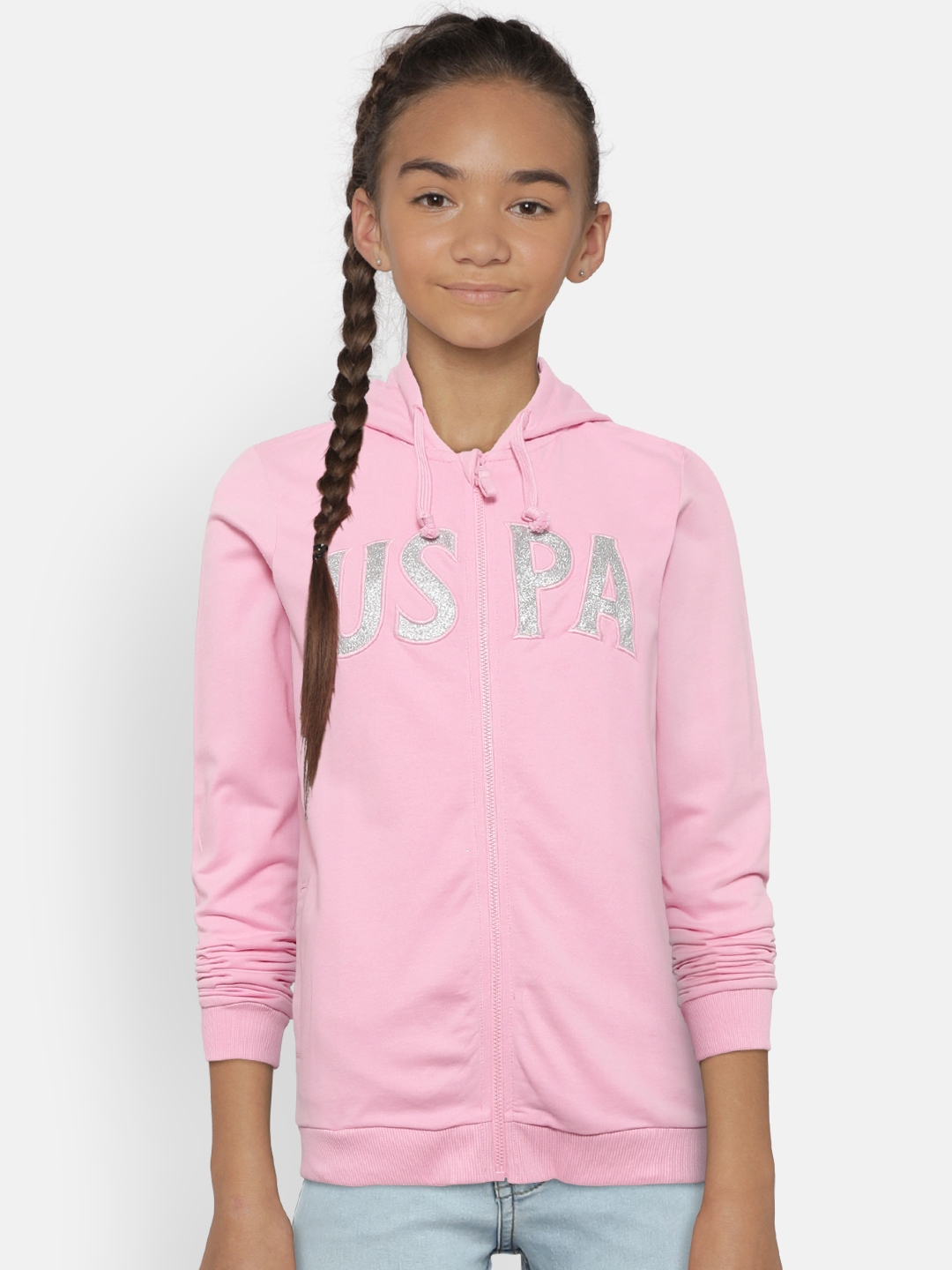 U.S. Polo Assn. Kids Girls Pink Self Design Hooded Sweatshirt