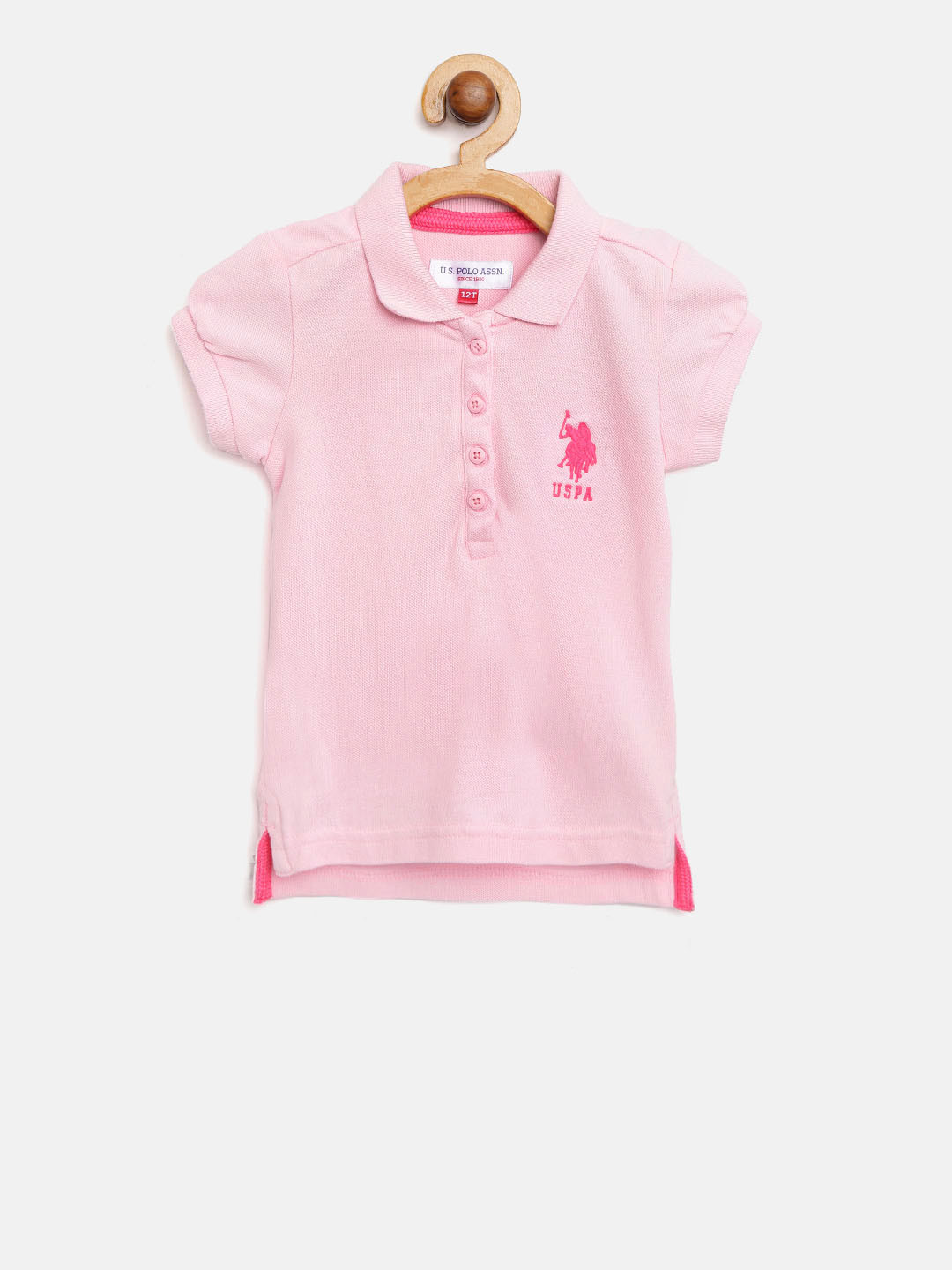 U.S. Polo Assn. Kids Girls Pink Solid Polo Collar Pure Cotton T-shirt