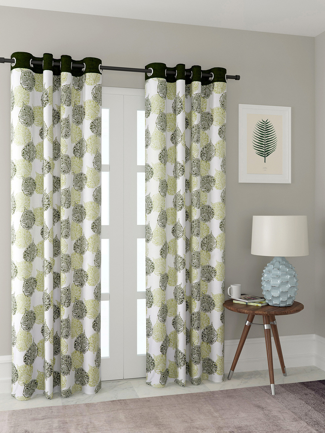 Cortina White & Green Set of 2 Printed Long Door Curtains