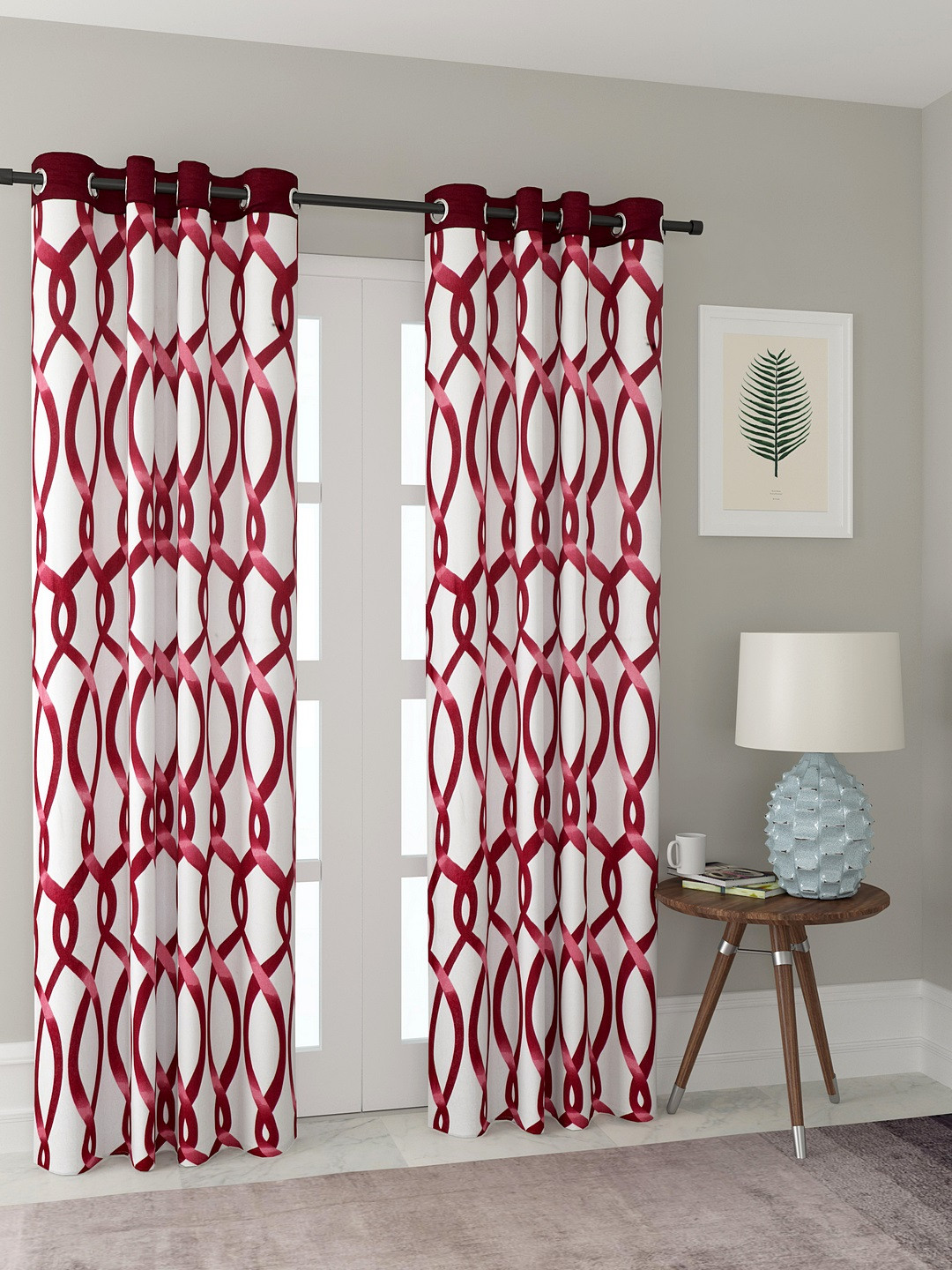 Cortina Maroon & White Set of 2 Door Curtains