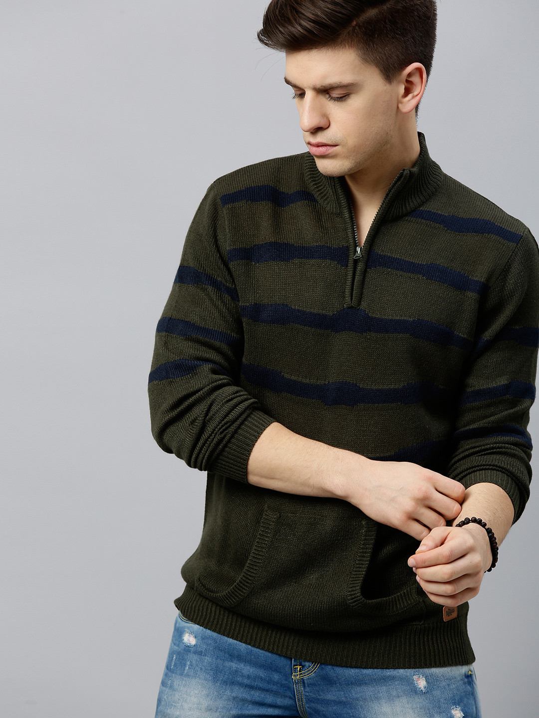 The Roadster Lifestyle Co Men Olive Green & Navy Blue Striped Pullover Sweater