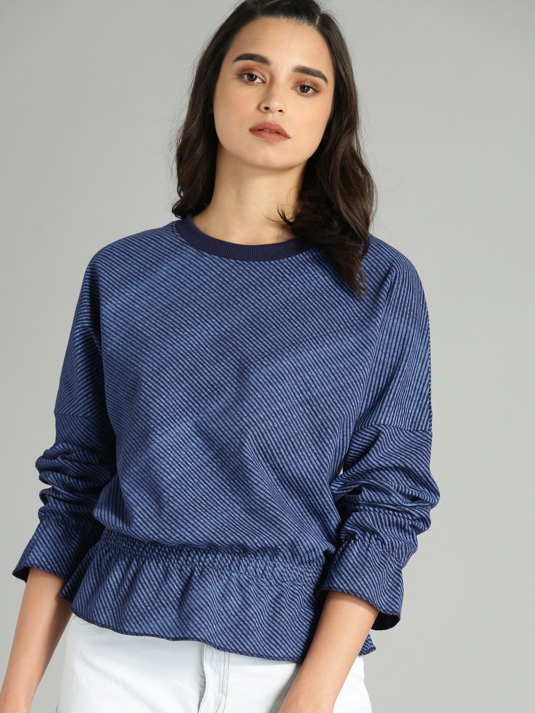 The Roadster Lifestyle Co Women Navy Blue Striped Cinched Waist Top
