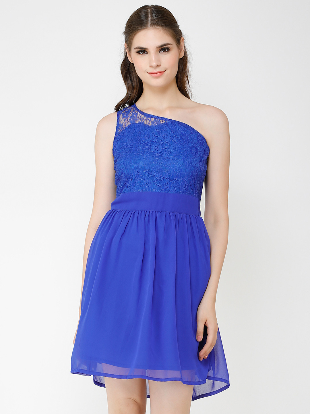 Cation Women Blue Self Design Fit and Flare Dress