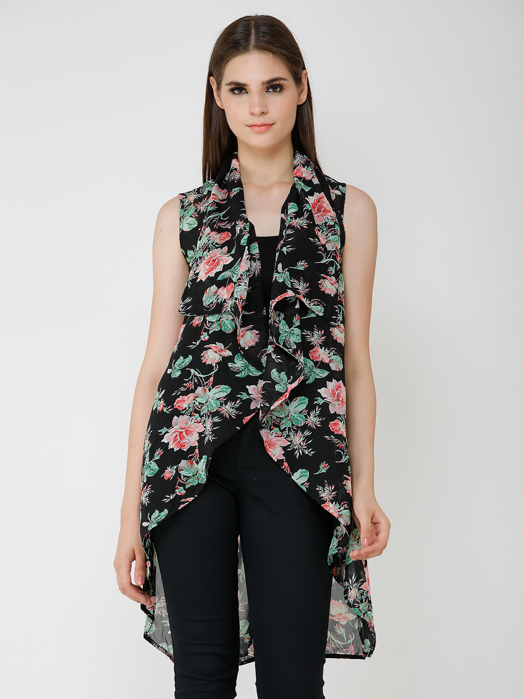 Cation Women Black & Green Printed Open Front Shrug