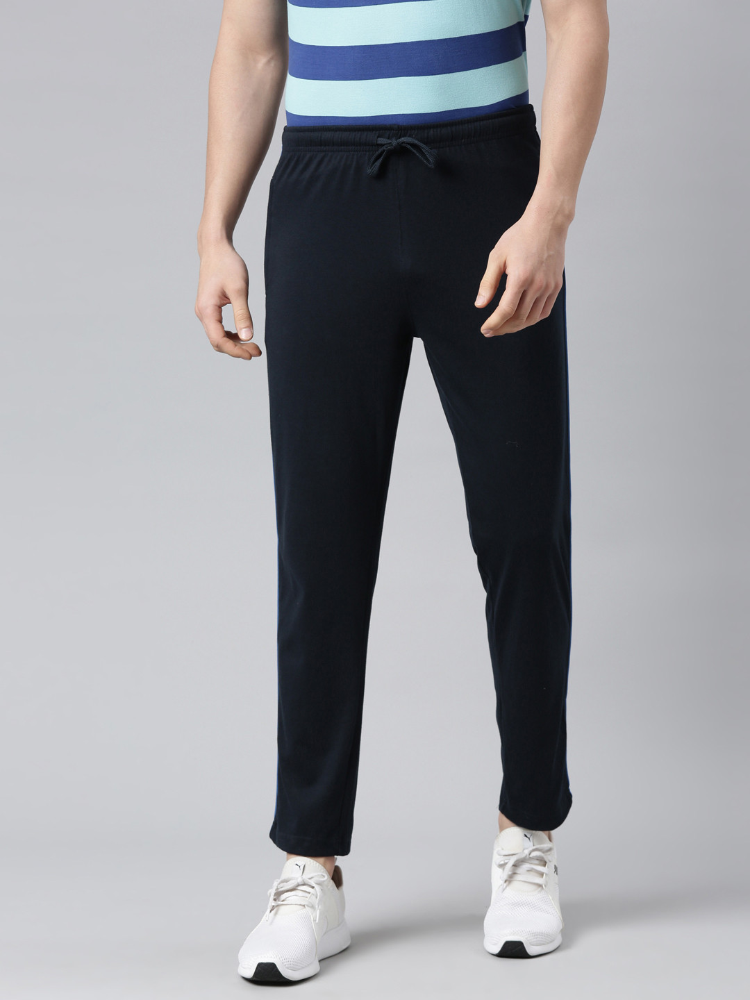 Force NXT Men's Super Combed Cotton Solid Track Pants with Contrast Piping & Zipper Pockets