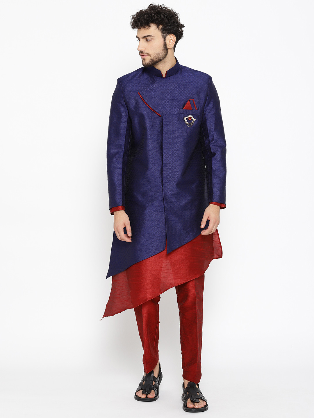 SG RAJASAHAB Men Maroon & Navy Blue Solid Kurta with Trousers & Ethnic Jacket