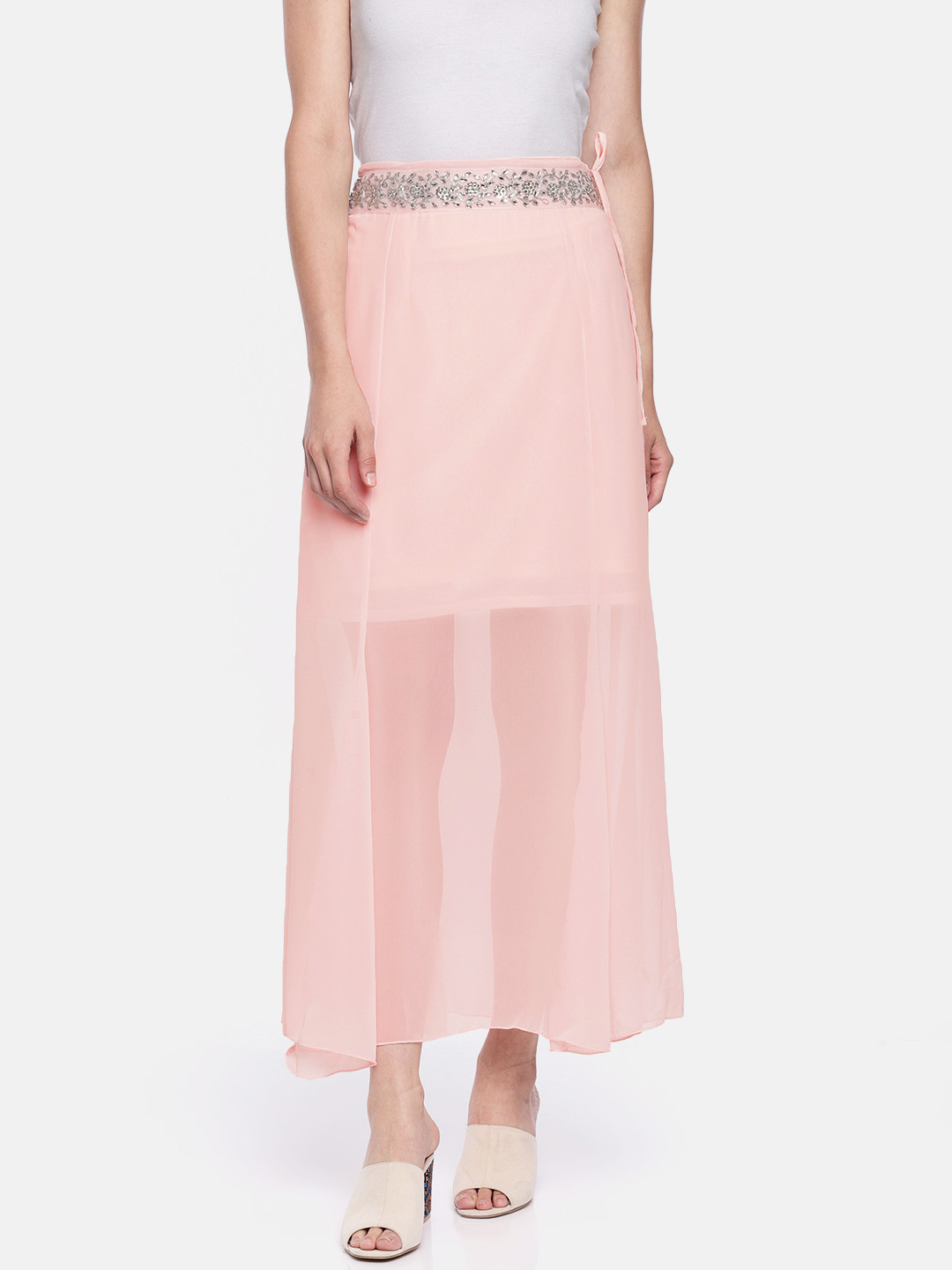 Ira Soleil Women Pink Solid Semi Sheer Straight Skirt