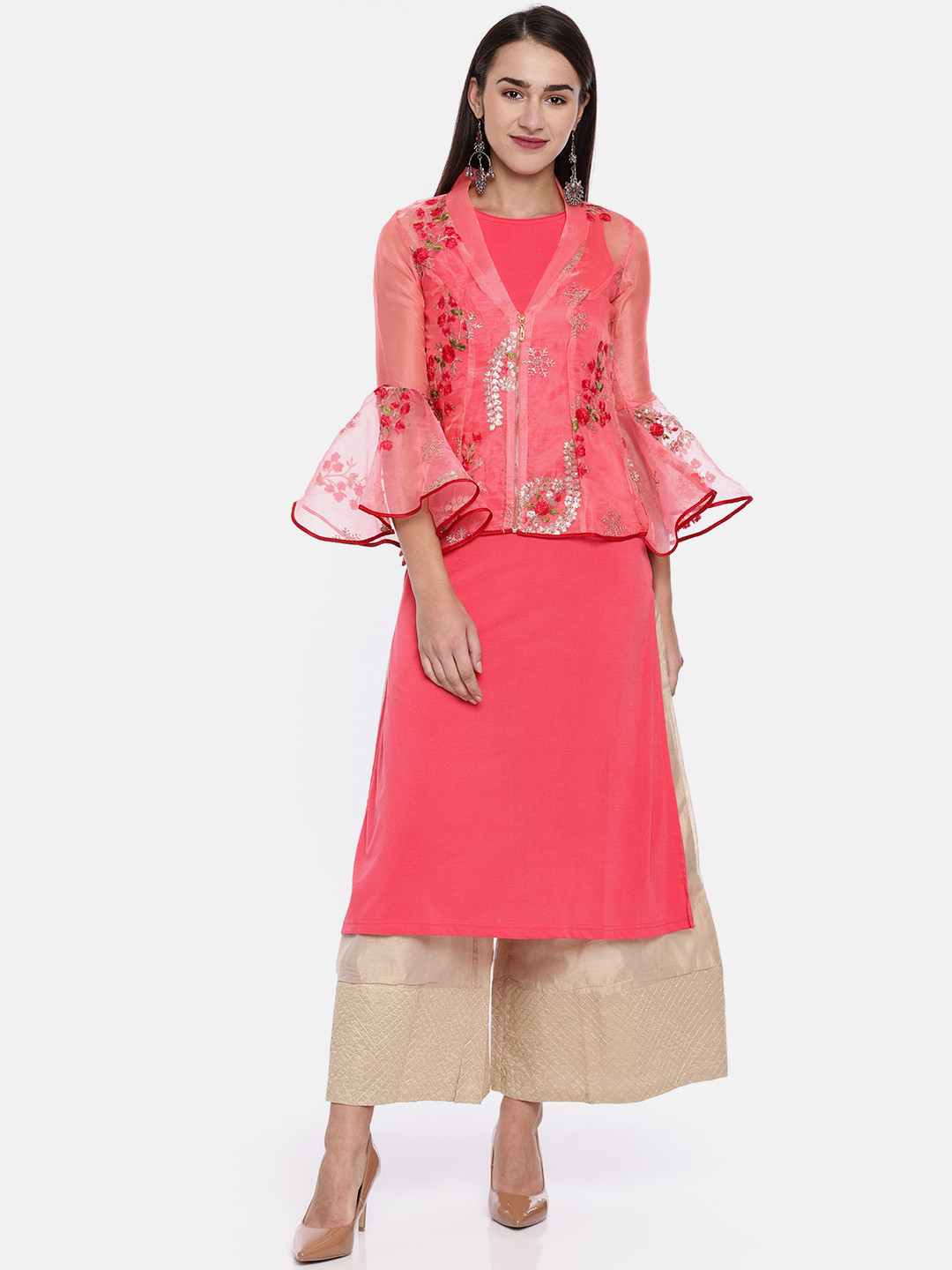 Ira Soleil Women Coral Pink Floral Embroidered Layered Straight Kurta
