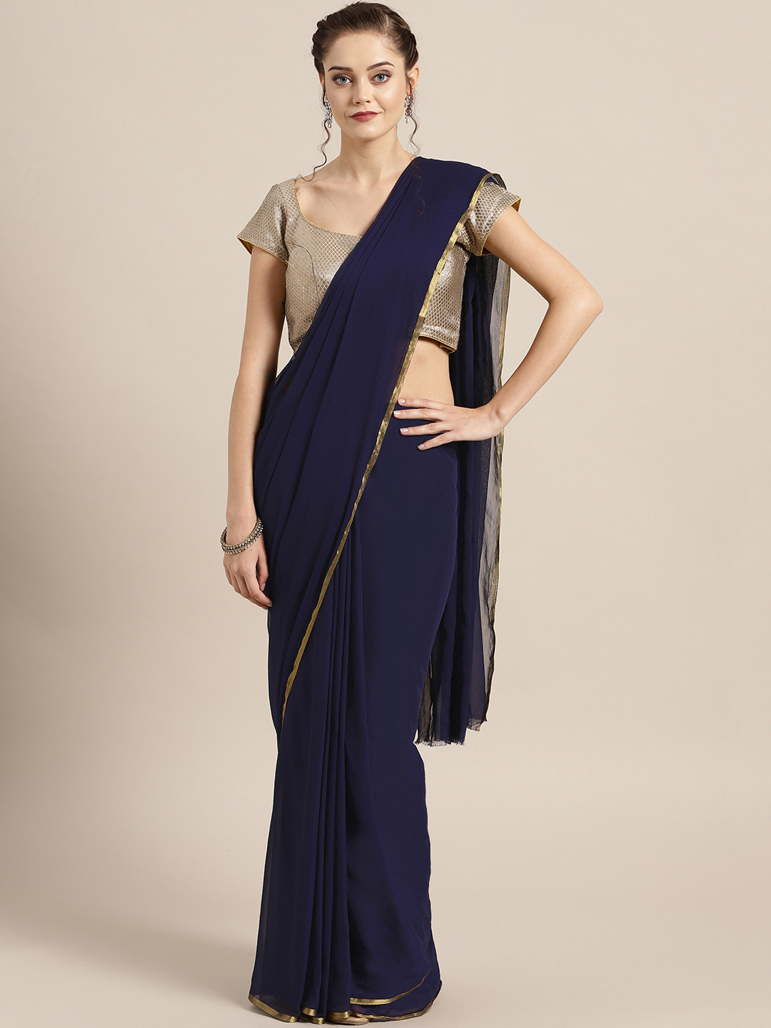 Chhabra 555 Navy Blue Solid Saree