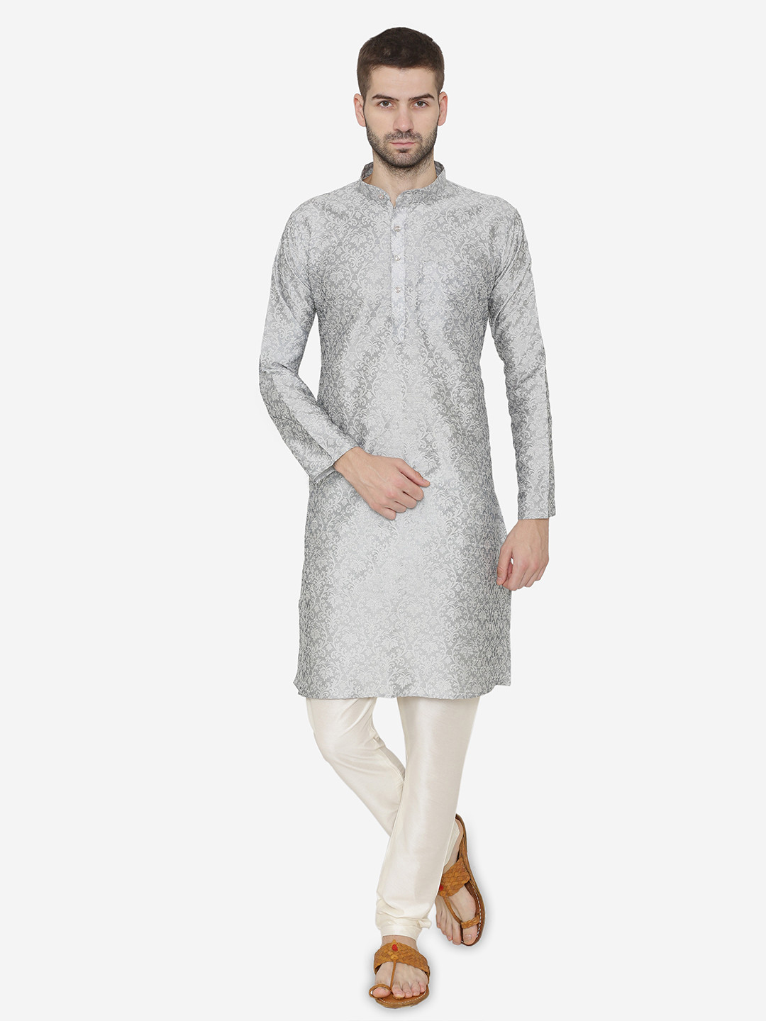 Wintage Men Grey Woven Design Straight Kurta