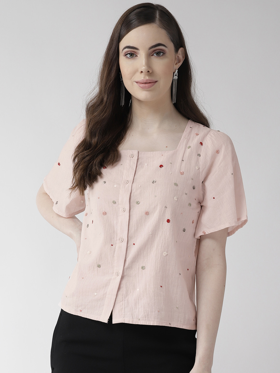SCOUP Women Peach-Coloured Embellished Pure Cotton Top