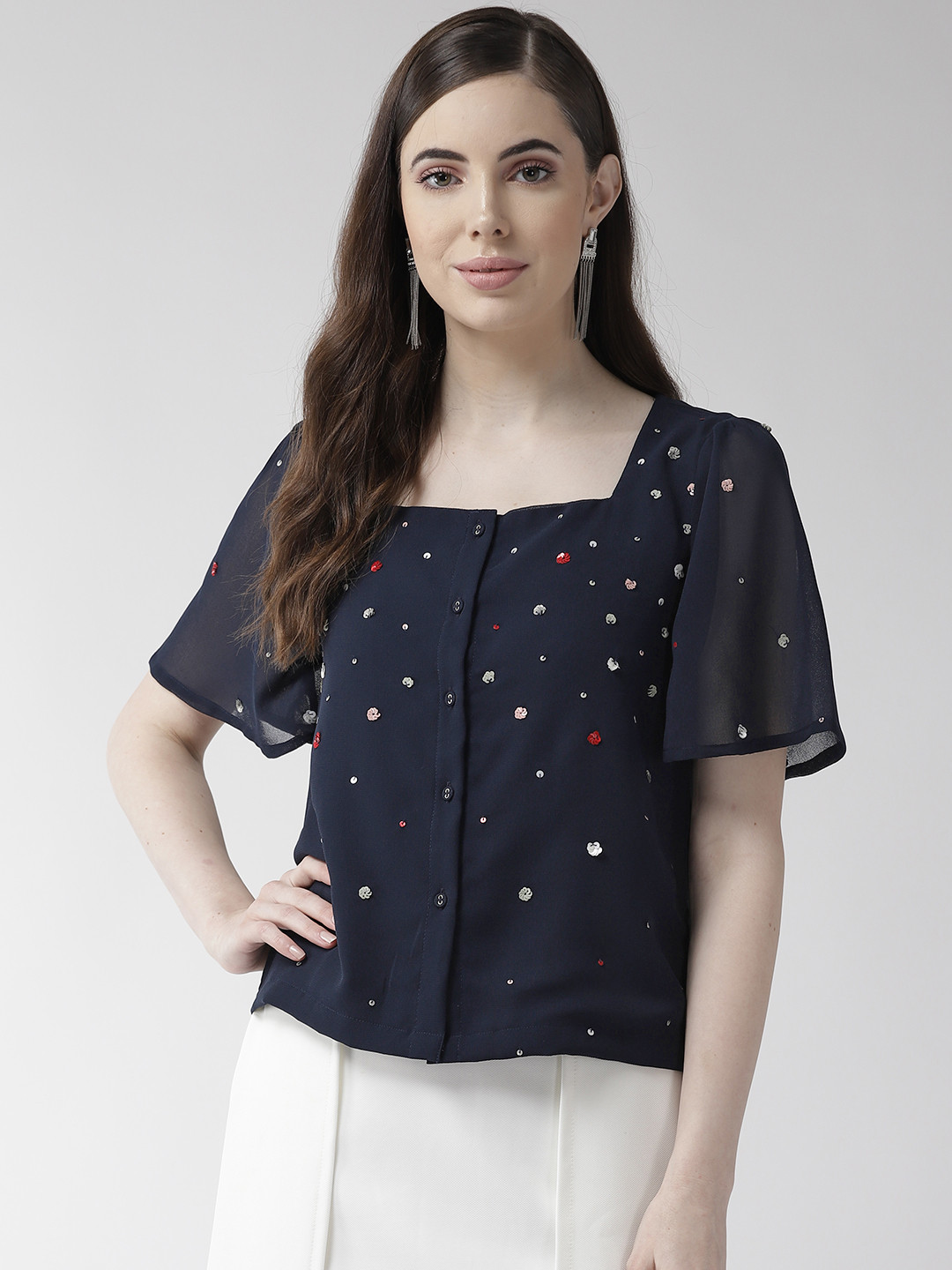 SCOUP Women Navy Blue Embellished Top