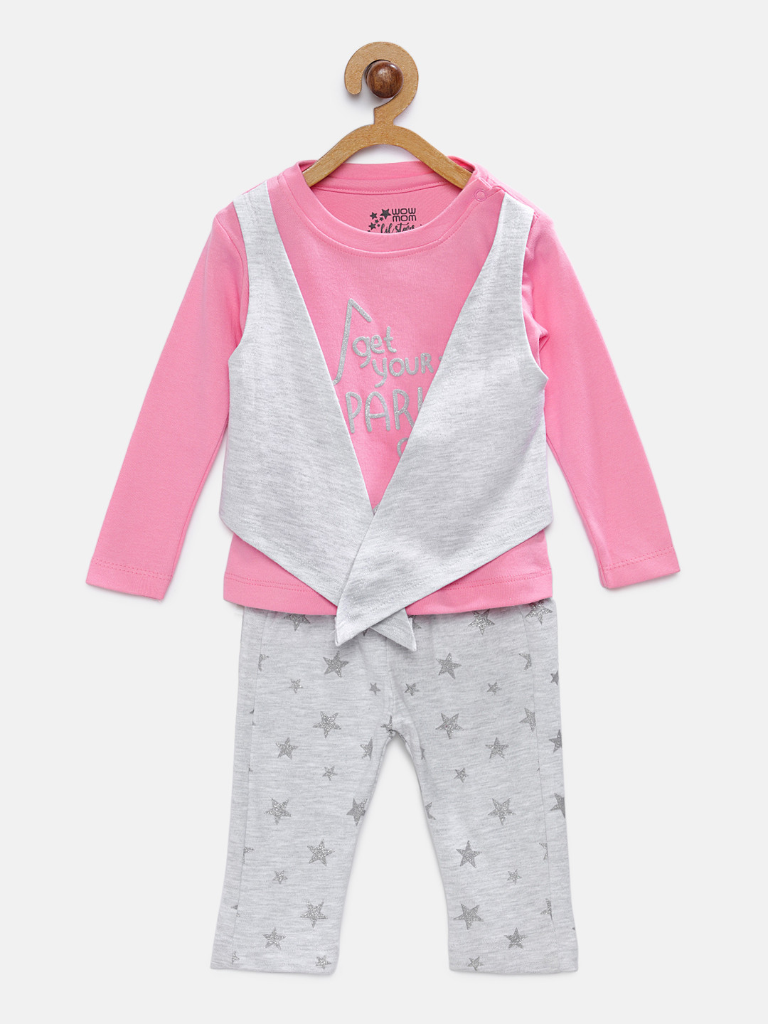 Wowmom Girls Pink & Grey Printed T-shirt with Pyjamas