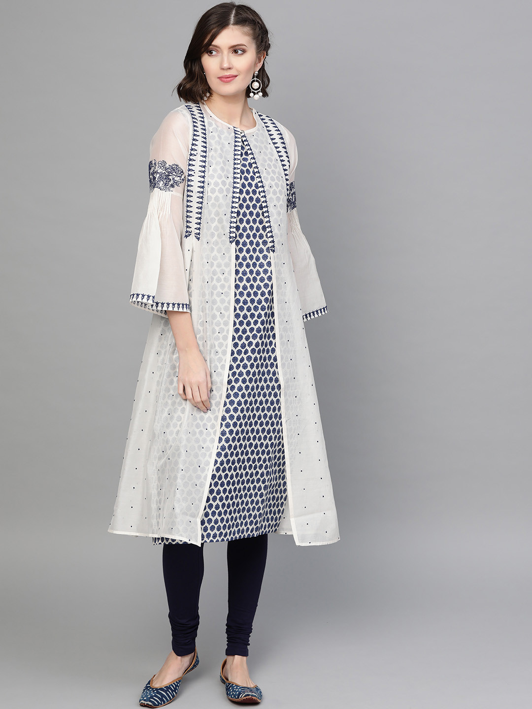 W Women White & Navy Blue Printed Layered Kurta with Churidar