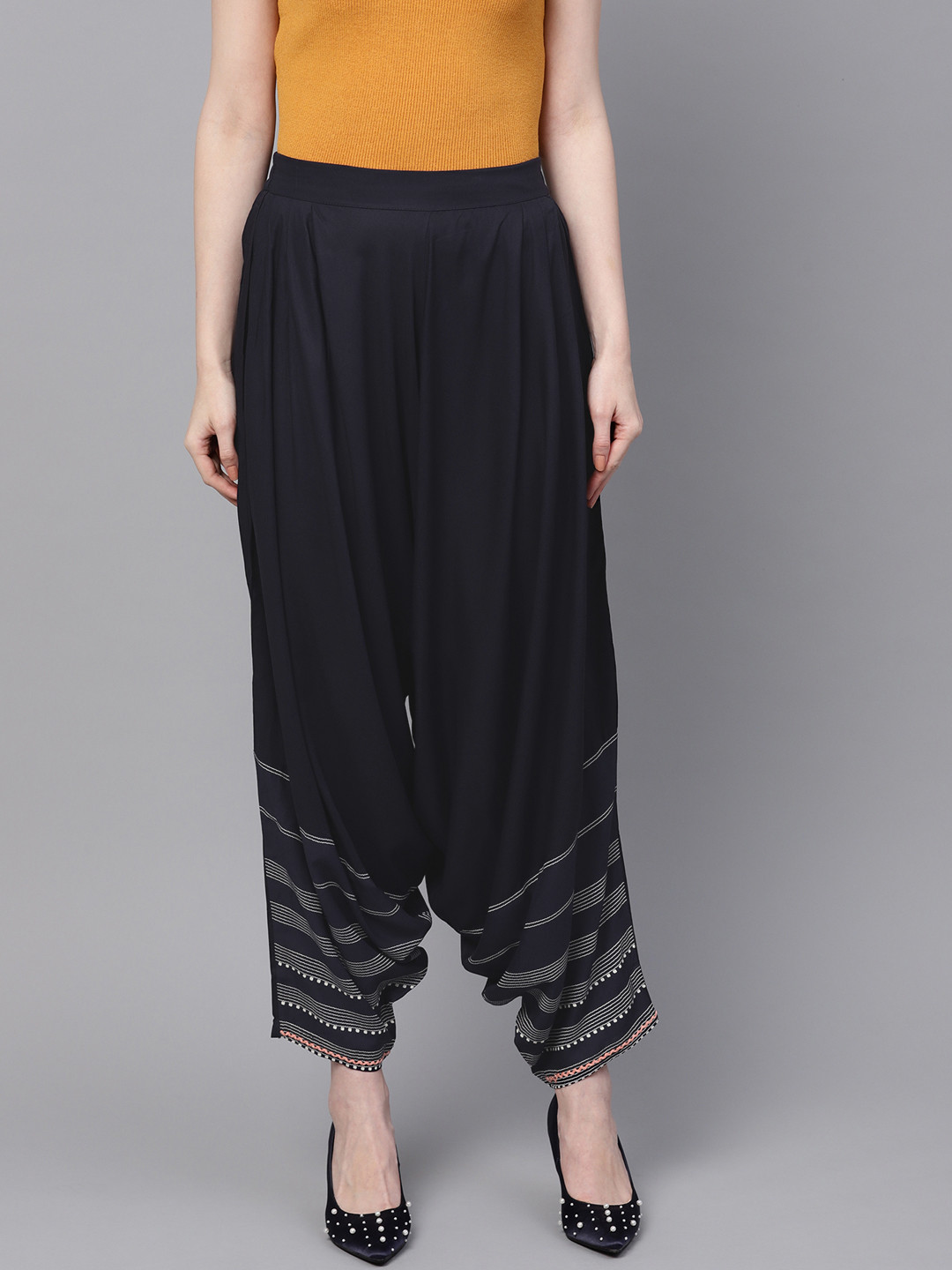 W Women Navy Blue & White Solid Patiala Salwar