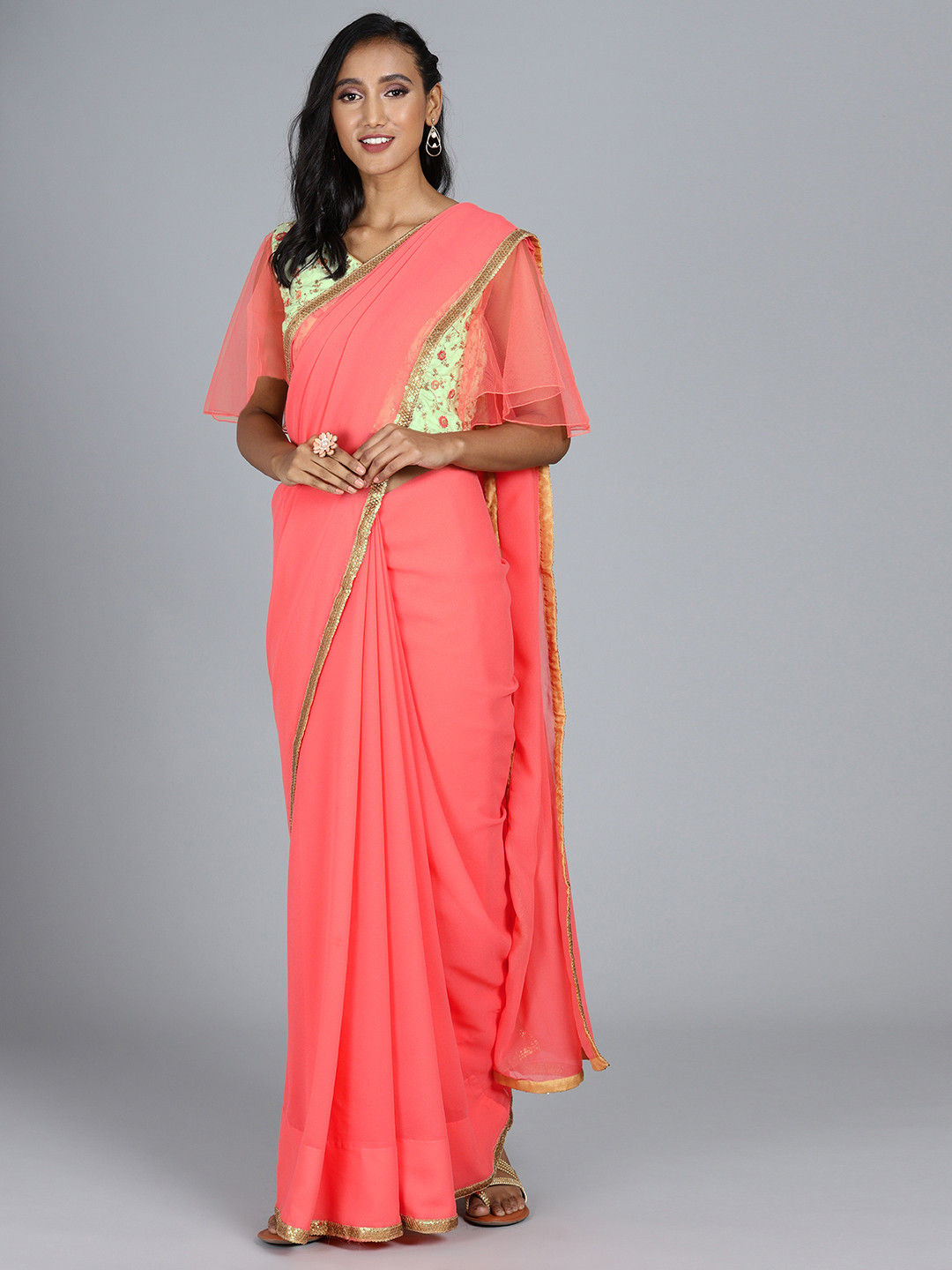 Ethnovog Peach-Coloured Solid Poly Georgette Saree