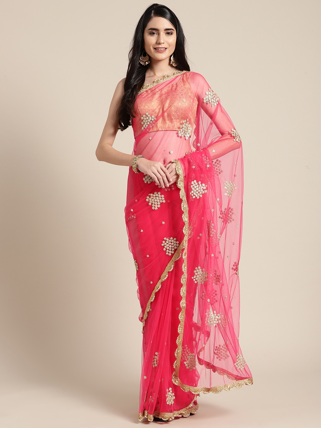 Tikhi Imli Fuchsia Pink & Golden Embroidered Net Saree