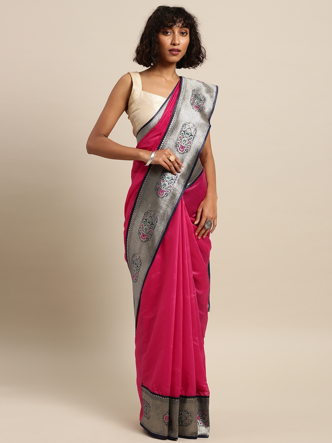 Varkala Silk Sarees Magenta Cotton Blend Solid Banarasi Saree