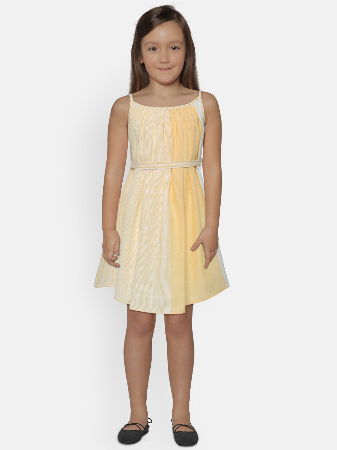 AWW HUNNIE Girls Yellow & Off-White Striped A-Line Dress