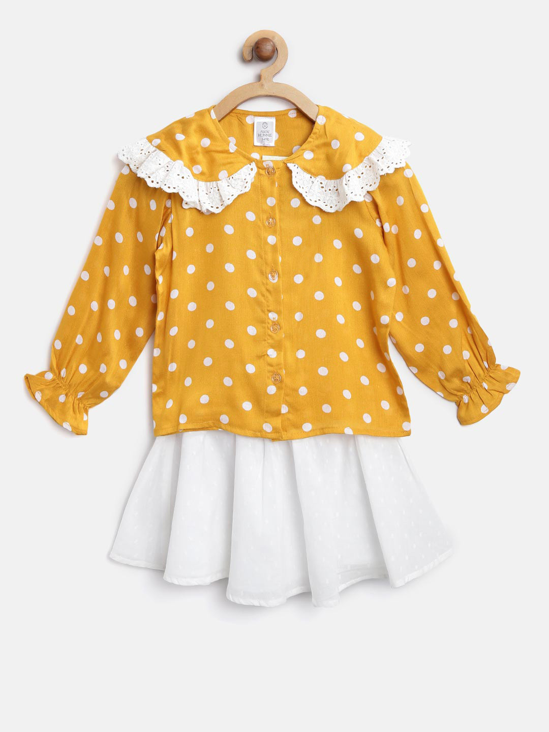 AWW HUNNIE Girls Mustard Yellow & White Printed Top with Self Design Skirt