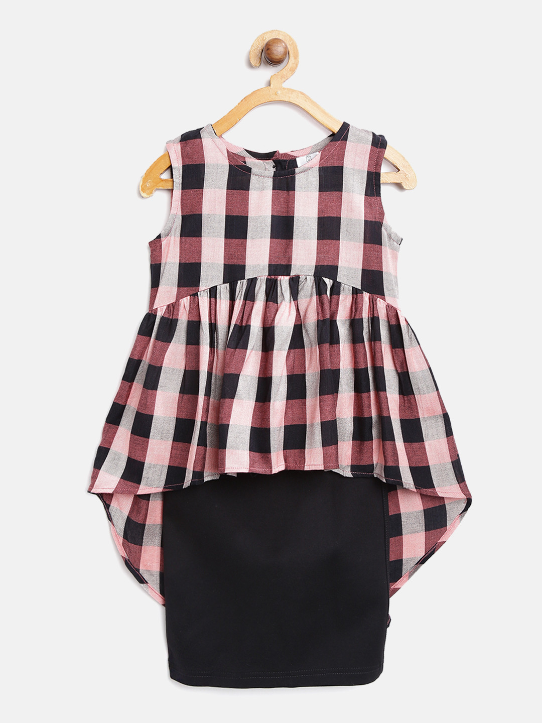 AWW HUNNIE Girls Pink & Black Checked Top with Solid Skirt