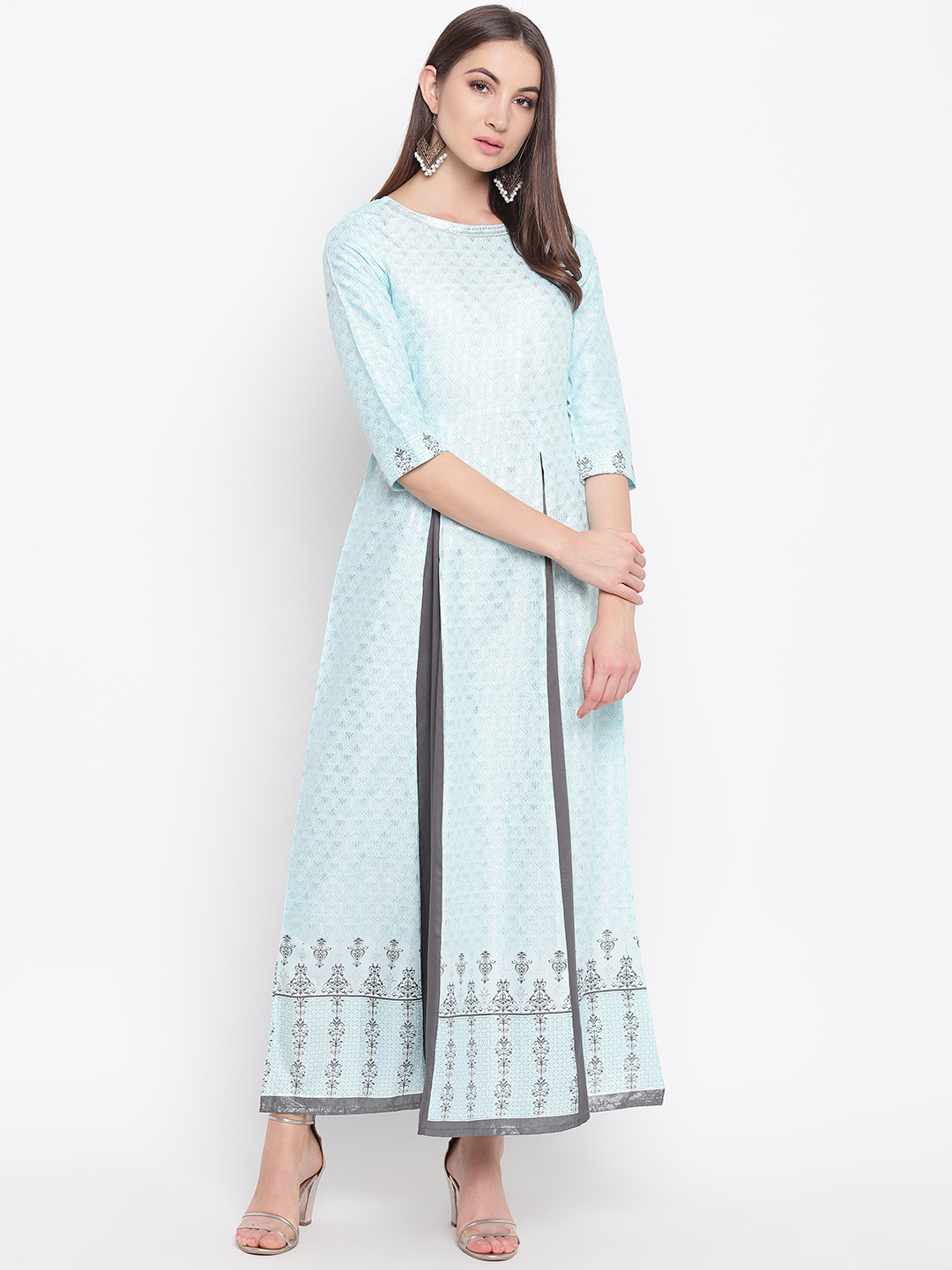 AURELIA Women Blue & Charcoal Grey Printed Layered Maxi Dress