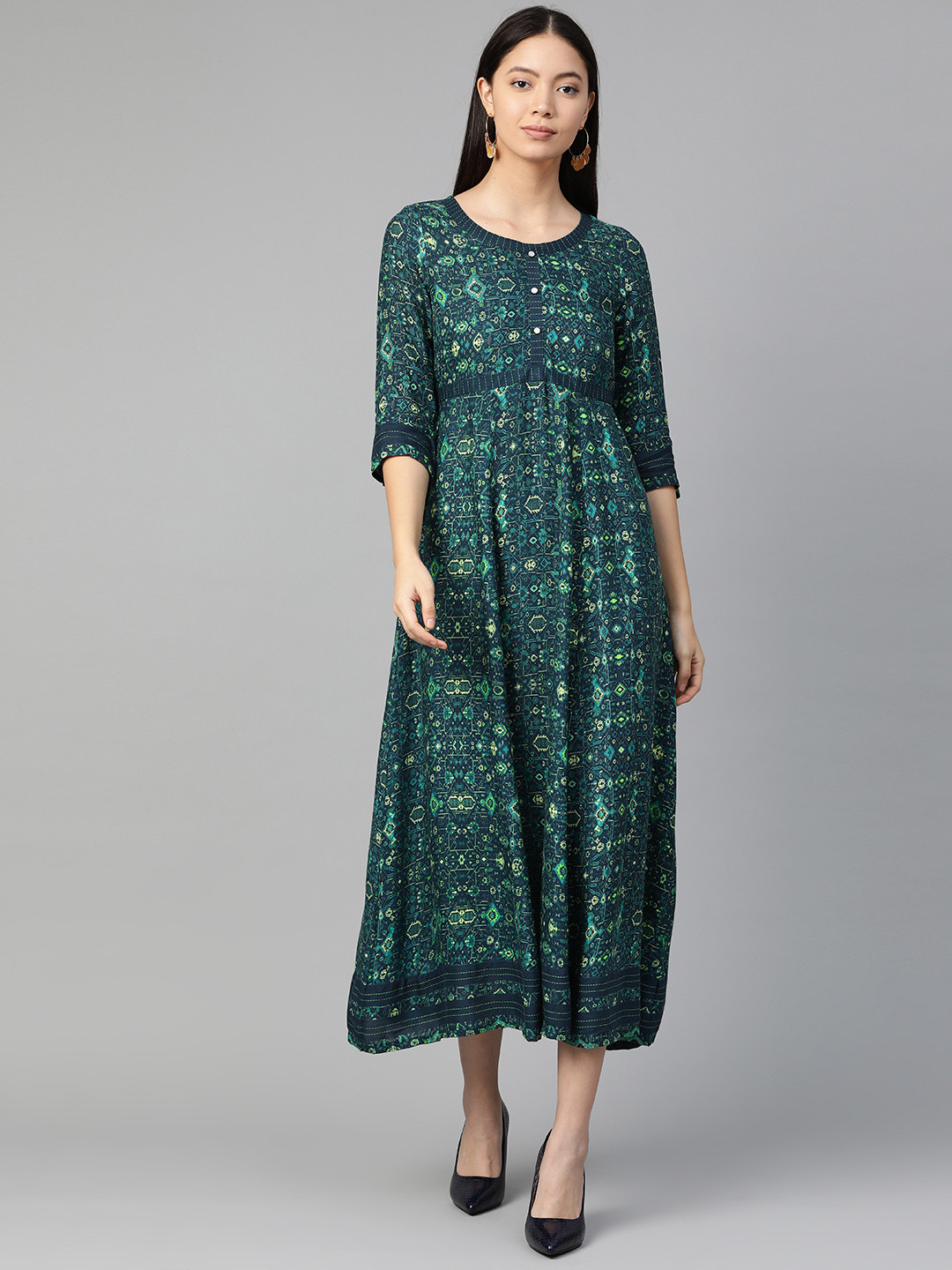 AURELIA Women Navy Blue & Green Printed Maxi Dress