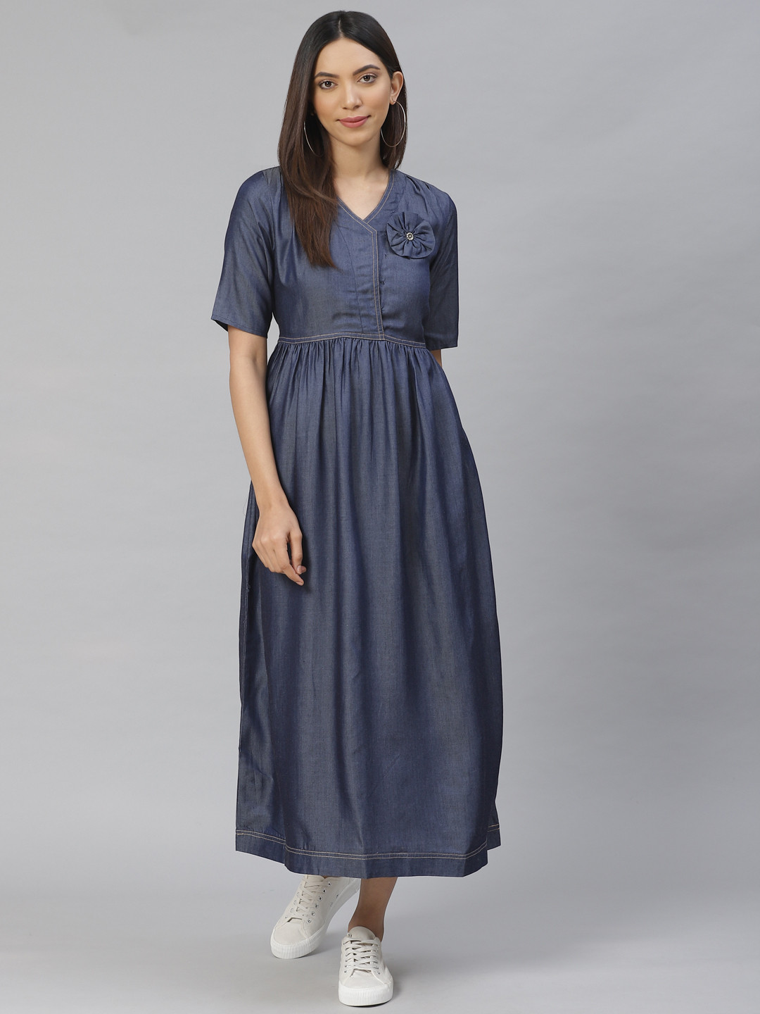 AURELIA Women Navy Blue Solid Chambray Maxi Dress