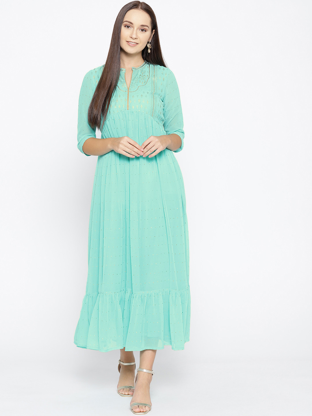 AURELIA Women  Green Self Design Maxi Dress