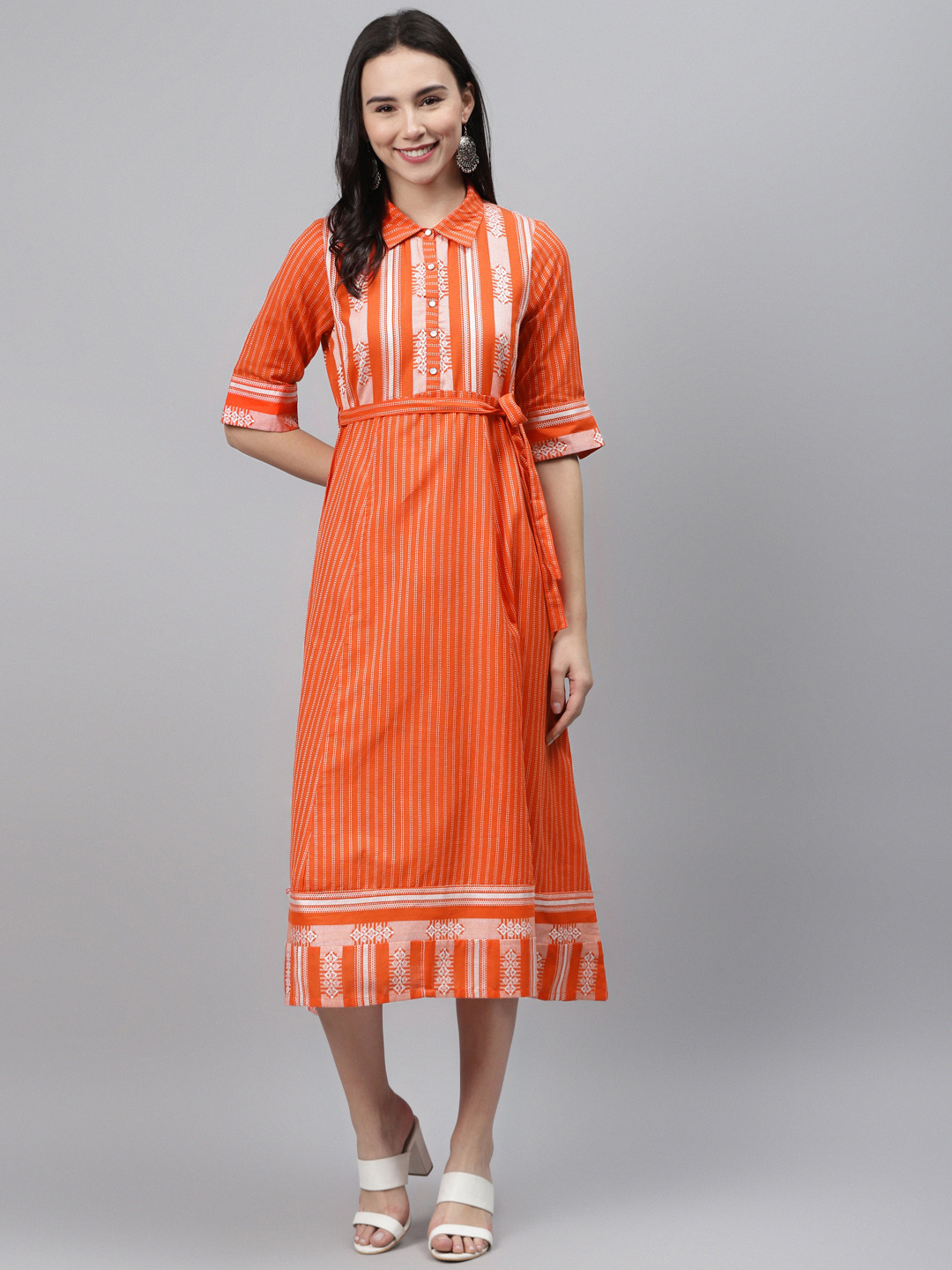 AURELIA Women Orange & Grey Self Design Shirt Dress