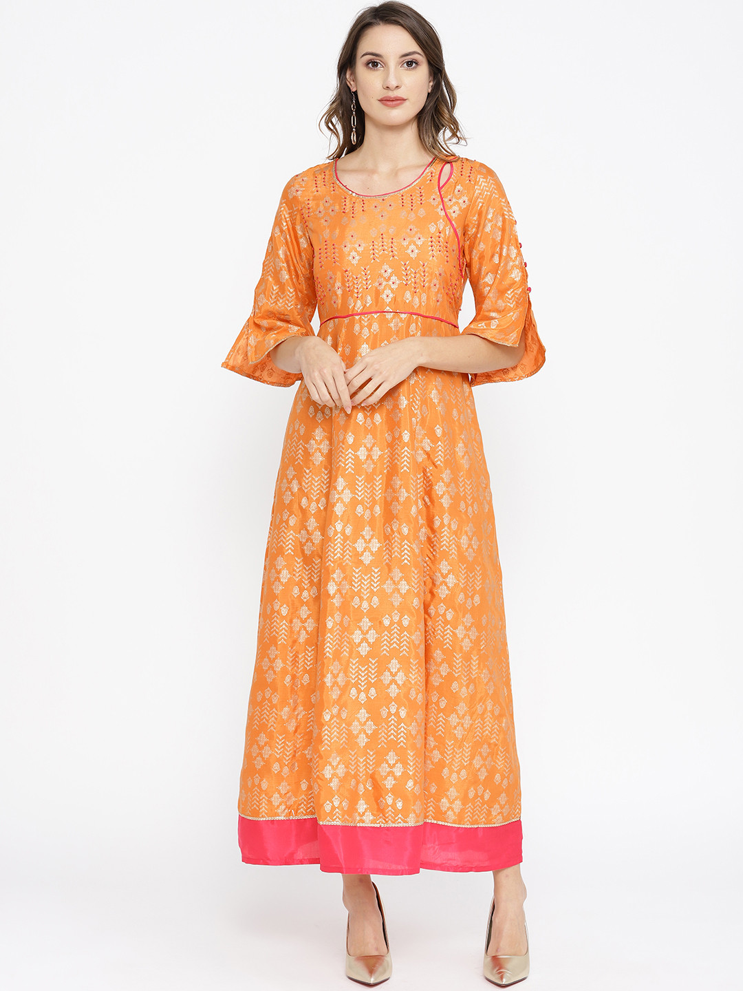 AURELIA Women Orange & Golden Printed A-Line Dress