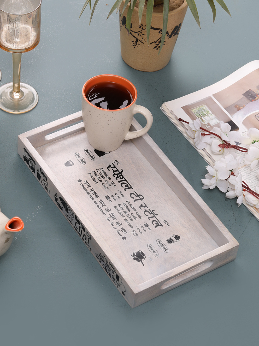 EK DO DHAI Off-White & Black Hand-Painted Rectangle Serving Tray